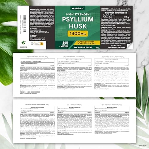 Psyllium Blond Gelules 1400 mg | 365 Psyllium Gelules Vegan | 6 Mois | Fibre de Psyllium Husk Haute Dosage | Prébiotique naturel | par Horbaach
