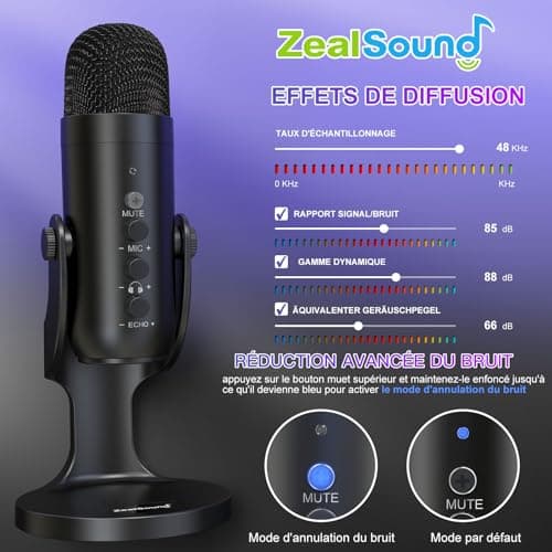 zealsound USB Microphone à Condensateur, Micro Gaming pour PC Phone Ordinateur Portable et PS4&5, avec Muet/Écho/Réduction du Bruit, pour Streaming, Enregistrement,Vocal,Podcast,Twitch, ASMR,K66 Noir