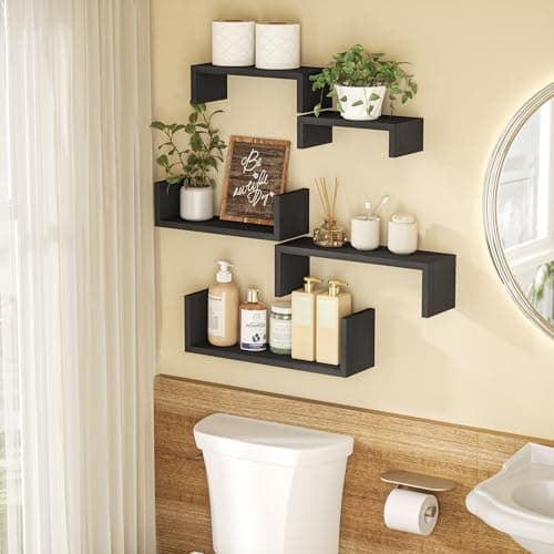 SRIWATANA Etagere Murale Noir Lot de 5, Étagère Murales Bois Suspendue, Etagere Flottante de Rangement, DIY Déco Tablette Flottante pour Salon Chambre Bureau Salle de Bains, Cuisine, Charge Max.40kg