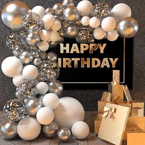 CHRORINE Lot de 50 ballons blancs argentés de 30,5 cm avec rubans à confettis pour anniversaire, fête prénatale, mariage, remise de diplôme, décoration de fête