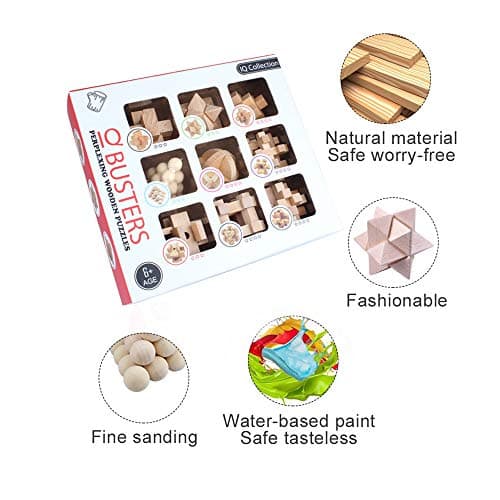 OBEST 9 Piezas Rompecabezas de Madera,Rompecabezas de lógica para el Entrenamiento Cerebro,Ejercicio Mental,IQ Puzzle Juguetes educativos,3D Brain Teaser entrelazados Rompecabezas para niños y Adultos