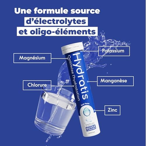 HYDRATIS - Pack 4 Tubes de Pastilles Effervescentes avec Electrolytes + Gourde 500ml Jaune - Optimise l'Hydratation - Citron/Fleur de Sureau + Fruits des Bois + Pêche + Citronnelle/Gingembre