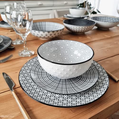 Ard'time - Lot de 6 Petites Assiettes Noires et Blanches, Vaisselle avec Motifs, Assiettes en Porcelaine, Assiettes Adaptées au Lave-vaisselle et Micro-onde, Collection KOMAE