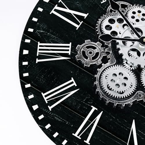Lafocuse Horloge Murale Engrenages Mobiles Geante 57 cm Noire Industrielle Bois Vintage Pendule Murale Steampunk Chiffres Romains pour Salon Bar Bureau Cuisine