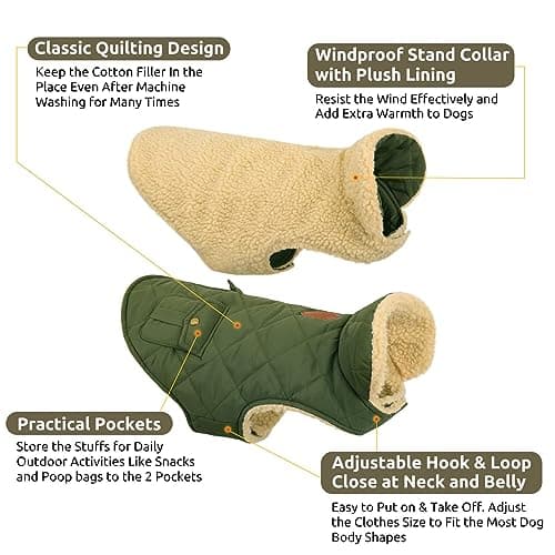 CITÉTOILE Manteau de Chien Coupe - Vent, Manteau Chien Fourré Polaire Epaiss, Manteau Veste d’Hiver Chien Chaud, Vêtement pour Chiens avec Trou de Corde de Traction, Vert, XS