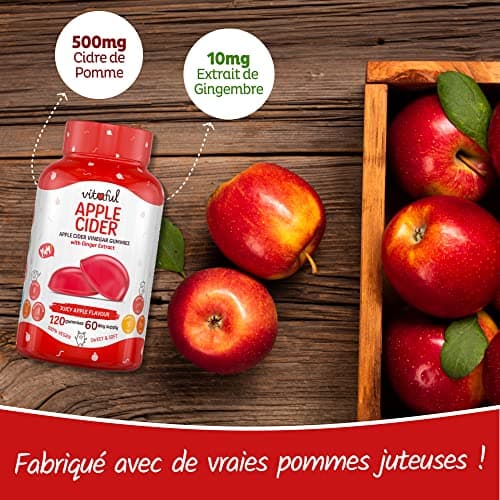 VITAFUL Apple Cider - Detox, Nettoyage Intestinal, Digestion & Regain d'Energie - Vinaigre de Cidre & Extrait de Gingembre - Complément Alimentaire - 100% Végan - 120 gummies Dose de 2 Mois