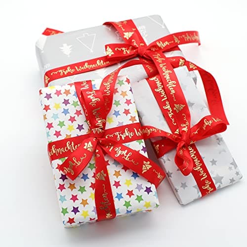 OMISS - Frohe Weihnachten - Ruban Rouge et Ecriture Or - Ruban de type Satin de 19mm