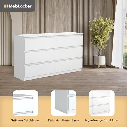 MebLocker Commode à 6 tiroirs, 120 cm, idéale pour Le Salon, la Chambre à Coucher, la Chambre d'enfant, la Chambre d'adolescent et Le Bureau, Solution Moderne et élégante (Blanc)