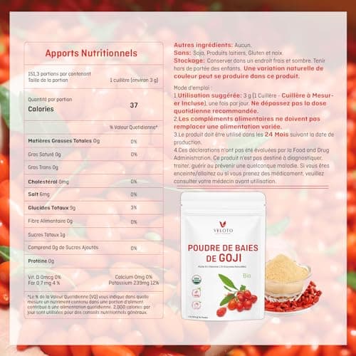 Poudre de Goji Bio Extraits, Baies Biologiques de Goji Poudre, Baies de Goji Bio de Qualité Supérieure - Immunité et Fatigue, Sans Additifs, Sans OGM, Supplément de Fines Herbes, 454g/1lb