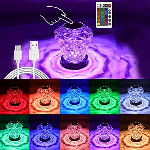 Les-Theresa Lampe de Table en Cristal Diamant, 16 Couleurs Lampe De Chevet Tactile En Cristal Avec Télécommande 4 Modes USB Dimmable LED Lampe de Chevet Pour Chambre Salon Fête (Lampe en Diamant)