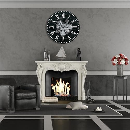 Lafocuse Horloge Murale Engrenages Mobiles Geante 57 cm Noire Industrielle Bois Vintage Pendule Murale Steampunk Chiffres Romains pour Salon Bar Bureau Cuisine