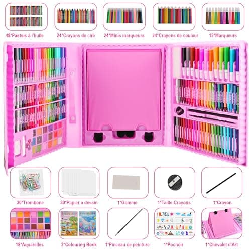 GOLDGE Malette Dessin Enfant Crayon de Couleurs, 230+ ièces Coloriage Kit Dessin, Cadeau Fille 3 4 5 6 7 8 9 10 ans, Jouet Fille 3-10 ans avec Pastels à L'Huile, Crayons De Couleur, Stylos Aquarelle