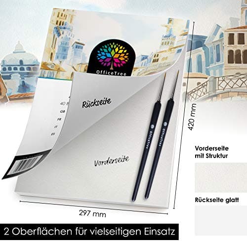 OfficeTree 40x Papier Aquarelle A3 300g avec 2 Pinceaux - Feuille Aquarelle A3 - Papier Aquarelle 300g - Bloc Aquarelle - Papier pour Aquarelle - Papier Dessin A3 - Watercolor Paper - Bloc Dessin A3