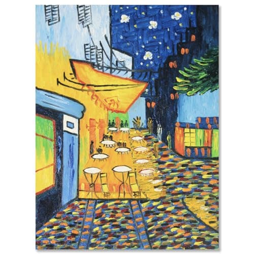 Fokenzary Peinture à la main Café Terrasse Reproduction de Vincent Van Gogh abstrait Tableau sur toile murale encadrée prête à accrocher, 12x16in