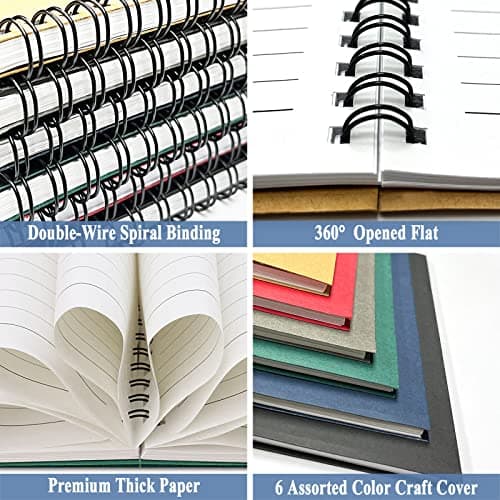 Lot de 6 Cahier Spirale A5, 21x14,5cm 60 Feuilles Lignée Couverture Kraft Colorée Vierge Carnet Spirale A5 Carnet de Notes pour Femmes Adolescentes En écrivant Prendre des Notes École Bureaule Cadeau
