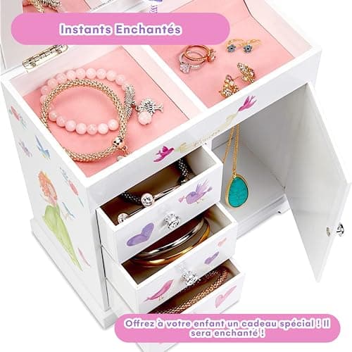 Jewelkeeper - boîte à bijoux princesse musicale, boite a bijoux musicale princesse fille avec 3 tiroirs de rangement, licorne et château au royaume des fées - mélodie danse de la fée dragée