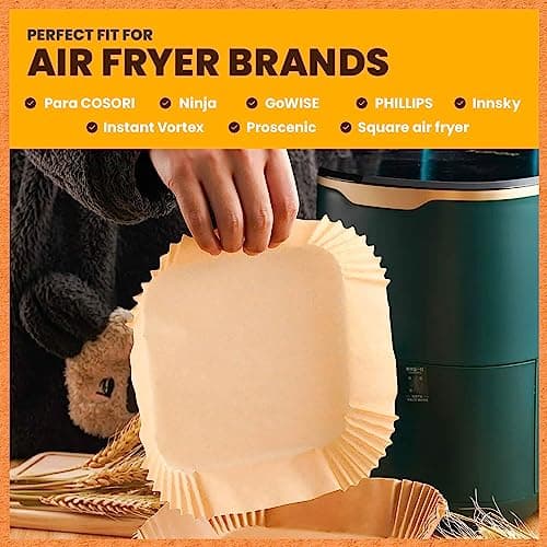 PORTENTUM Papier cuisson air fryer - 100 pièces Food-Grade BPA gratuit, 20 x 20 cm, pour friteuse sans huile 5 à 8 litres - Idéal pour la cuisson saine