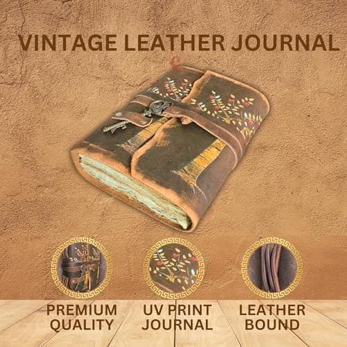 Urban Leather Journal intime avec motif arbre de vie, feuilles de cœur, pages rustiques, anciennes et anciennes, couverture en cuir, journal intime imprimé, papier vierge vierge