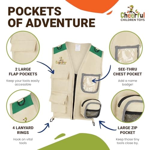 Cheerful Children Toys Kit Explorateur pour Enfants - Déguisement Aventurier avec Chapeau d’Explorateur et Gilet Cargo - pour Garçons et Filles de 3 à 7 Ans, Jouets Éducatifs STEM