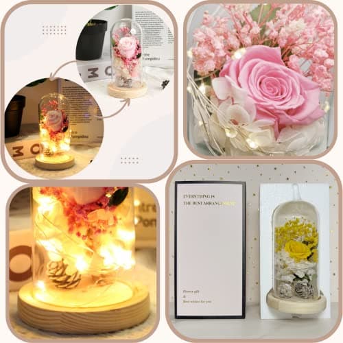 Saint Valentin Rose Eternelle sous Cloche, La Belle et la Bête Rose, Dôme en Verre Rose éternelle avec lumière LED et Base, Mariage Maison Décor, Cadeau Pour Femme, Amie, Anniversaire, Fête des mères