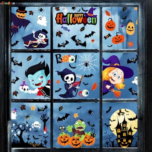 Zindoo Halloween Decoration Stickers Fenetre d'halloween 9 feuilles 101 Pièces Autocollants de Fenêtre d'halloween pour enfants, Mignon Enfantin Impression Recto-Verso pour Vitres Portes Miroirs