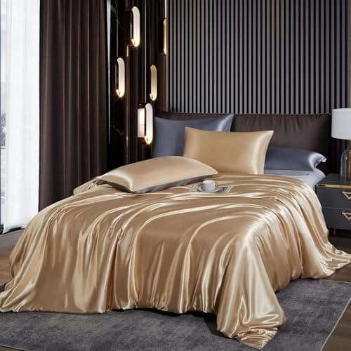 Tospass Housse de Couette Satin 200x200 Dorée Beige Gris Satinée Parure Linge de lit Adulte 2 Personnes Uni Soie Soyeux Brillant Ensemble Literie avec Fermeture éclair et 2x65x65cm Taies d'oreiller