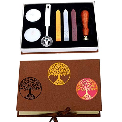 Anbose Ensemble de cachet de cire Arbre de vie comprenant 1 sceau en cuivre avec poignée en bois, 3 bâtons de cire, 1 cuillère à fondre et 2 bougies blanches