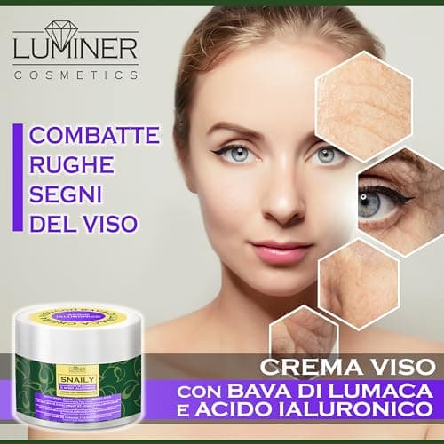 LUMINER® Crème Visage Anti-Rides 150 ml avec 70% de bave d'escargot et 100% d'acide hyaluronique pur, fabriquée en Italie, formule naturelle à action anti-taches et anti-âge à la vitamine C