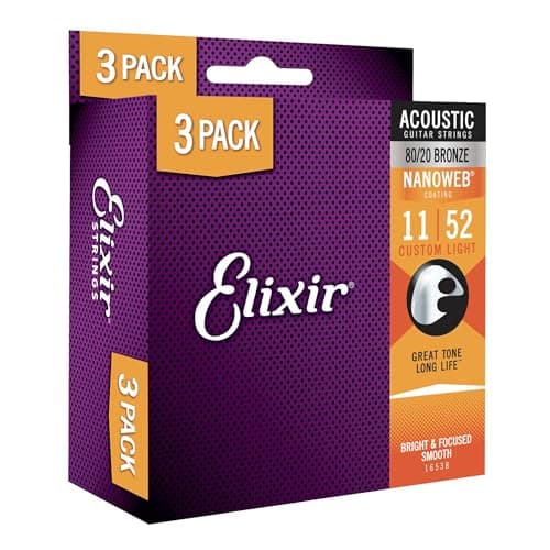 Elixir Strings, acoustique, en Bronze 80/20 avec revêtement NANOWEB. Un son brillant, net et précis, avec une longévité sonore inégalée et un toucher agréable - Pack de 3 jeux, Custom Light 11-52