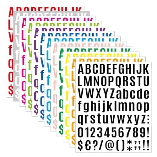 TRKETK 12 Feuilles Autocollant de Lettre Alphabet, Numéro Auto-Adhésifs en Vinyle Autocollant de Chiffre Alphabet a Chiffre Lettre Symbole pour Scrapbooking Fenêtre Porte Voiture Camion(12 couleurs)