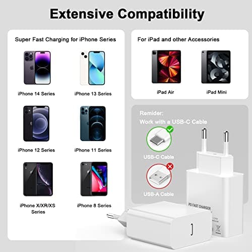 Chargeur Rapide iPhone 14 13 Pro Max, 4-Pack [Apple MFi Certifié] Chargeur Mural USB C PD 20W avec Câble de Charge Rapide USB C vers Lightning de 2 Mètres Compatible avec iPhone 14 13 12 11 XS XR X 8