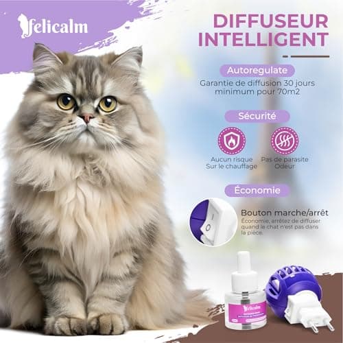FELICALM Paris -Nouvelle Formule de PHEROMONE pour Chat et Chaton -DIFFUSEUR Intelligent ECONOMIQUE SECURITAIRE + Recharge de 48 ML- Anti Stress pour Chat- CALMANT- Bonheur et Harmonie.