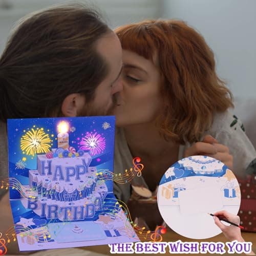Carte Anniversaire 3D avec Musique et Lumière Woukksy Pop Up Carte d'anniversaire Amusante avec Bougie Anniversaire Soufflable, Kit Cadeau Anniversaire Pour Femme Homme Maman Papa Fille Garcon