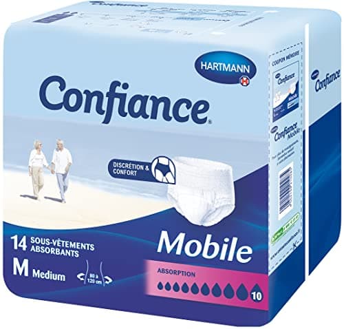 Confiance Mobile - Slips Absorbants pour Hommes et Femmes - Niveau d'Absorption = 10 gouttes (Fuites Urinaires Importantes) - Discrets et efficaces - pH Neutre à la Peau - Taille M - 14 Unités