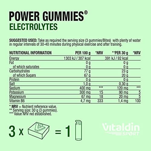 VITALDIN SPORT Power Gummies Electrolytes – Équilibre électrolytique –120 mg Sodium, 90 mg Potassium, 20 mg Magnésium par dose + Vitamine B6 – Doypack 30 Gommes – Bites Goût Citron Vert – Vegan