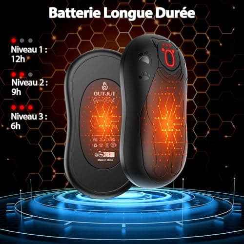 OUTJUT Chauffe Main Electrique 2 en 1 Noir, Chaufferette Main Reutilisable, 3 Niveaux de Chauffe, 12000mAh Rechargeable par USB, Cadeaux Hiver Unisexes, pour Camping et Sports en Extérieur