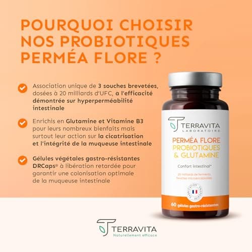 PERMEA FLORE | Probiotiques et Glutamine | Flore Intestinale et Cicatrisation de la Muqueuse | Idéal Contre la Perméabilité Intestinale | 60 Gélules Gastro-résistantes | Made in France | Terravita