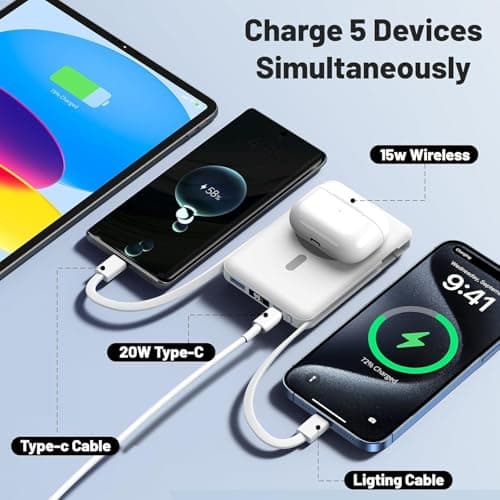 Azmuth Batterie Externe Magnétique Compatible avec MagSafe, 10000mAh sans Fil PowerBank Charge Rapide PD 22.5W avec 2 Câble et Support et Affichage LED, Compatible iPhone 16/15/14/13/Pro/Pro Max/Plus