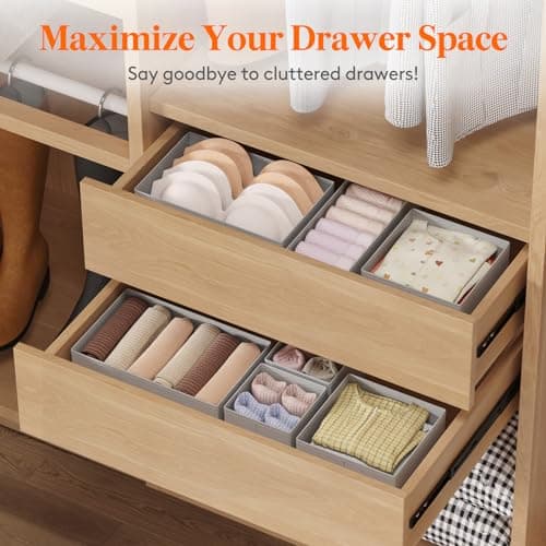 Lifewit Lot de 6 Organisateur Tiroir, Boite Rangement Vetement Pliable, Separateur Tiroirs en Tissu, Rangement sous Vetement, Panier Rangement Armoire pour Chaussettes, Cravates, Ceintures, Gris
