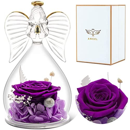 Sunia Cadeau Femme Noel, Rose Eternelle Cadeau Maman Noel, Ange Figurine en Verre avec Fleur Eternelle,Cadeau Maman Mamie, Cadeau Anniversaire Femme, Cadeau Noel Saint Valentin,Ange Gardien Vraie Rose