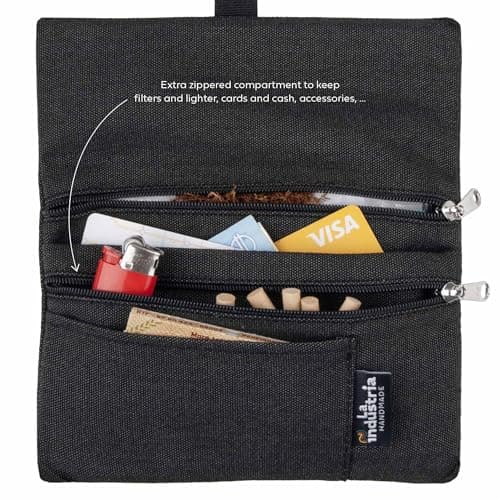 Blague à tabac à rouler hydrofuge - Pochette à tabac 30/50 g avec compartiments pour Feuilles, Filtres et Briquet (Noir)