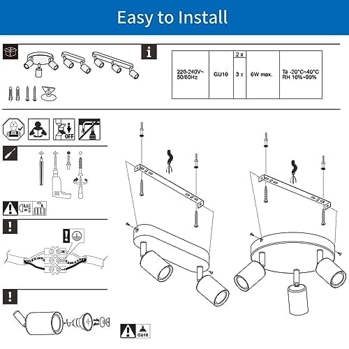 ANWIO Plafonnier Spots, 2 Spots de Plafond Led Intérieurs Base GU10, Spots de Plafond Blancs avec Base Rectangulaire, Spots de Plafond LED Rotatifs (Sans Ampoules).