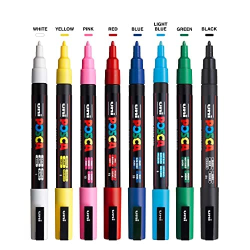 POSCA Mitsubishi Pencil - 8 Marqueurs PC3M - Pointe Conique Pointe Fine - Marqueurs Peinture à Base d'Eau - Tout Support - Pour Papier, Textile, Verre, Galet, Bois - Couleurs Classiques