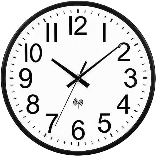 NESIFEE Horloge Radio Pilotée 30 cm Pendules Murales Silencieuse Horloge Murale Design Moderne pour Cuisine, Bureau, Salon, Décoration Mural avec Panneau Blanc & Cadre Noir