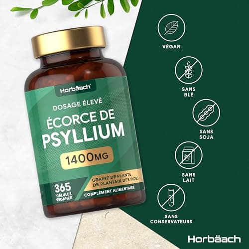 Psyllium Blond Gelules 1400 mg | 365 Psyllium Gelules Vegan | 6 Mois | Fibre de Psyllium Husk Haute Dosage | Prébiotique naturel | par Horbaach