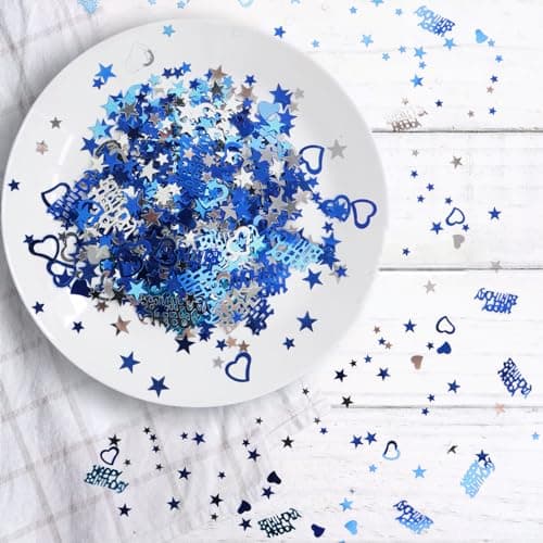 3200Pcs Confettis Anniversaire, RUNEAY Confettis HAPPY BIRTHDAY Deco Anniversaire, Confettis Joyeux Anniversaire Decoration, Decoration Table Anniversaire Confettis Bleu Argenté pour Anniversaire