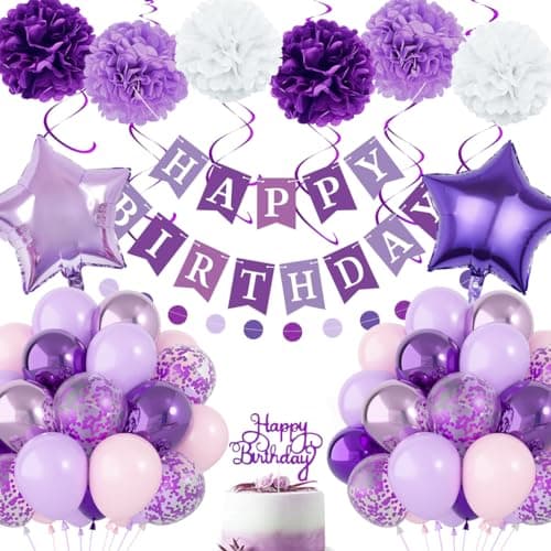 Décorations d'anniversaire violettes pour femmes et filles, bannière d'anniversaire violette, ballons à pompon, décorations d'anniversaire avec guirlande, kit de ballons violets pour la fête
