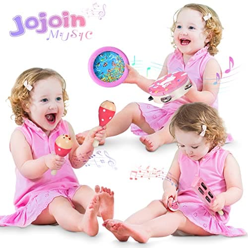 Jojoin 25PCS Instrument de Musique Enfant, Rose Percussion en Bois pour Bébé avec Xylophone, Tambourin, Ocean Wave Bead Drum, Jouet en Bois Musique, Jouets Musicaux avec Sac de Transport, 3+ Ans