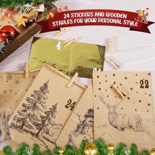 Calendrier de l'Avent à remplir,24 Sacs de l'Avent à bricoler soi-même avec sacs cadeaux imprimés et 24 autocollants numérotés et pinces, sacs en papier kraft pour Noël, enfants, adultes