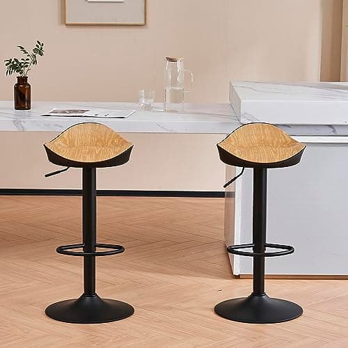YOUNIKE Tabouret de Bar Noir Chaise Haute de Bar, Hauteur Réglable et Pivotant 360° Tabouret Design Siège en Grain de Bois, Tabouret pour Bar Cuisine et Comptoir Lot de 2